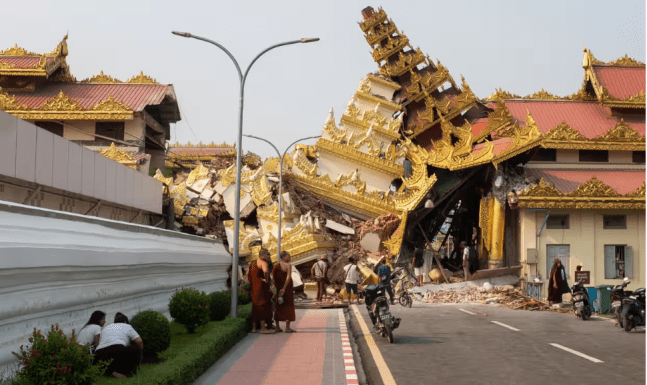 The collapsed Maha Myat Muni pagoda in Mandalay. Aftershocks shook the area over the weekend